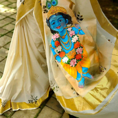 Kerala Saree With Elegant Hand-Painted Little Krishna Motif