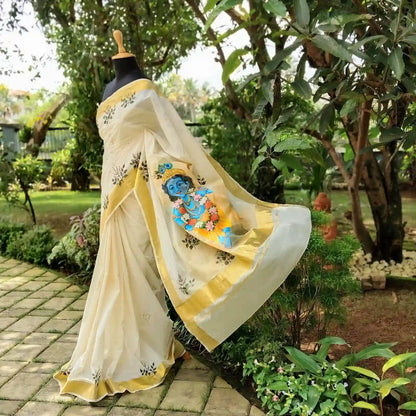 Kerala Saree With Elegant Hand-Painted Little Krishna Motif