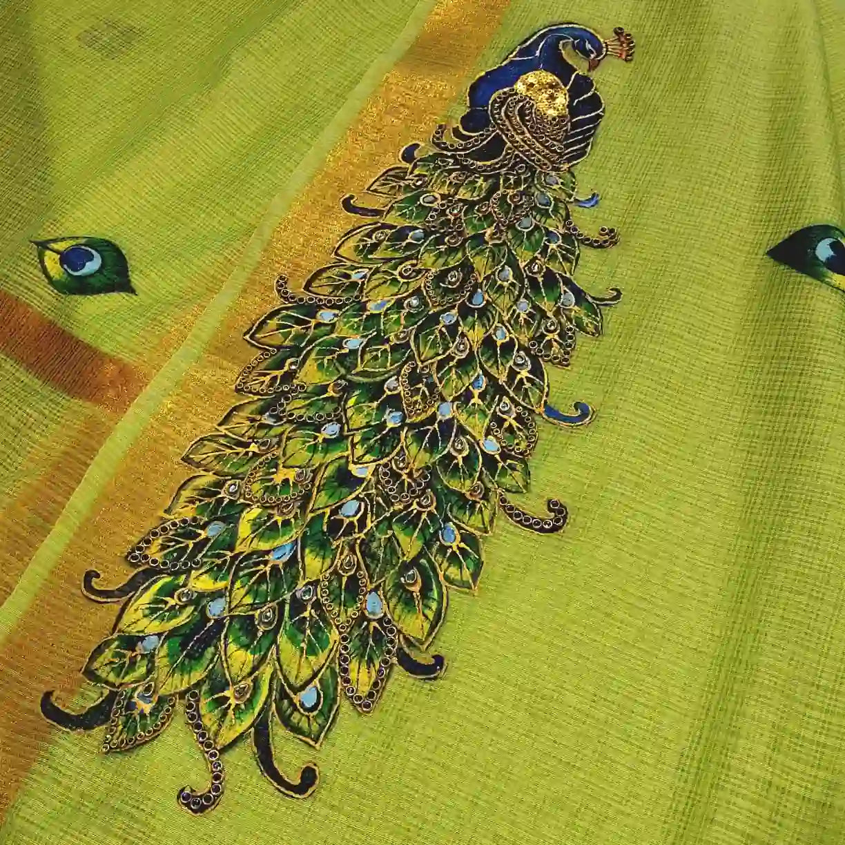Graceful Hand-Painted Peacock Motif On soft Kota Doria Saree