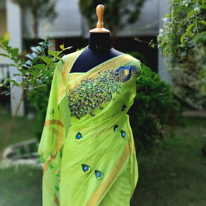 Graceful Hand-Painted Peacock Motif On soft Kota Doria Saree