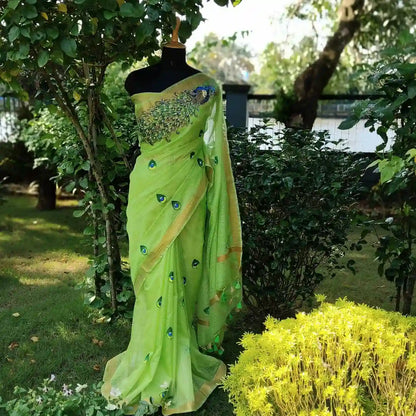 Graceful Hand-Painted Peacock Motif On soft Kota Doria Saree