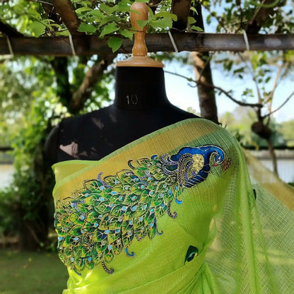 Graceful Hand-Painted Peacock Motif On soft Kota Doria Saree