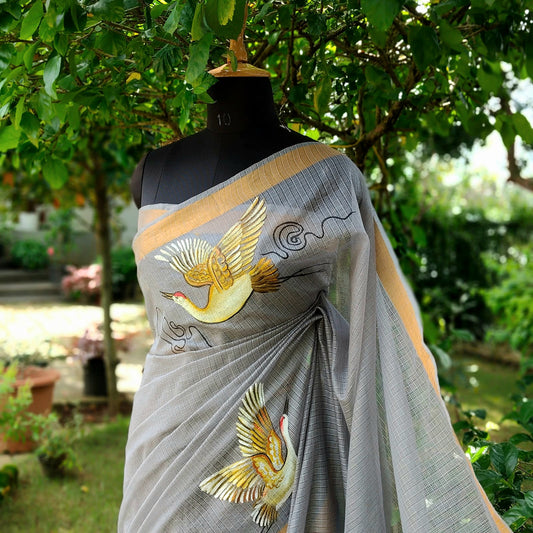 Graceful In Grey, Hand-Painted Kota Doria Saree