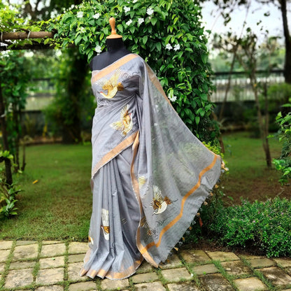 Graceful In Grey, Hand-Painted Kota Doria Saree