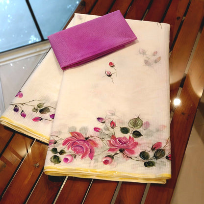 Hand-Painted Wild Rose Charm In Pure Kota Saree