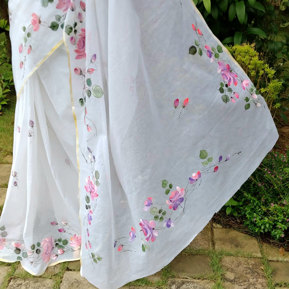 Hand-Painted Wild Rose Charm In Pure Kota Saree