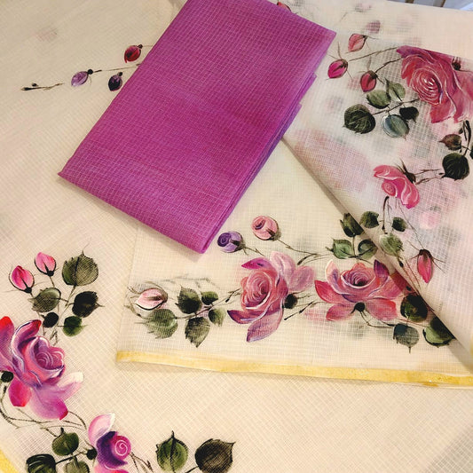 Hand-Painted Wild Rose Charm In Pure Kota Saree