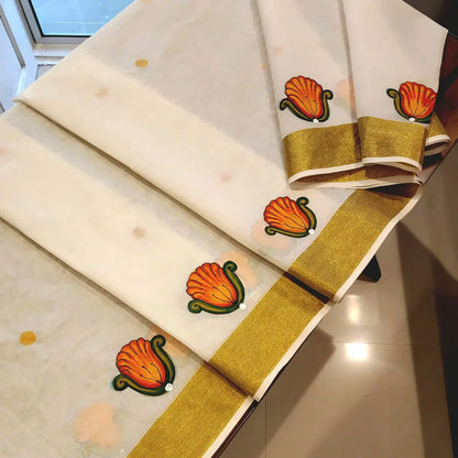 Elegant Kerala Mural Saree, Hand-Painted With Tradition