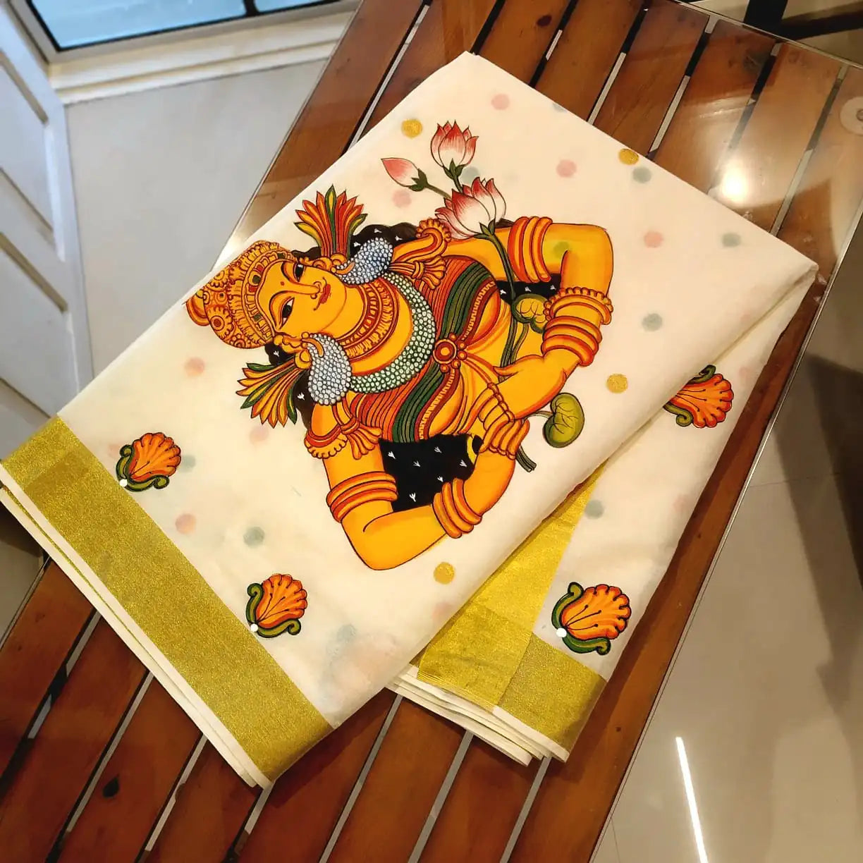 Elegant Kerala Mural Saree, Hand-Painted With Tradition