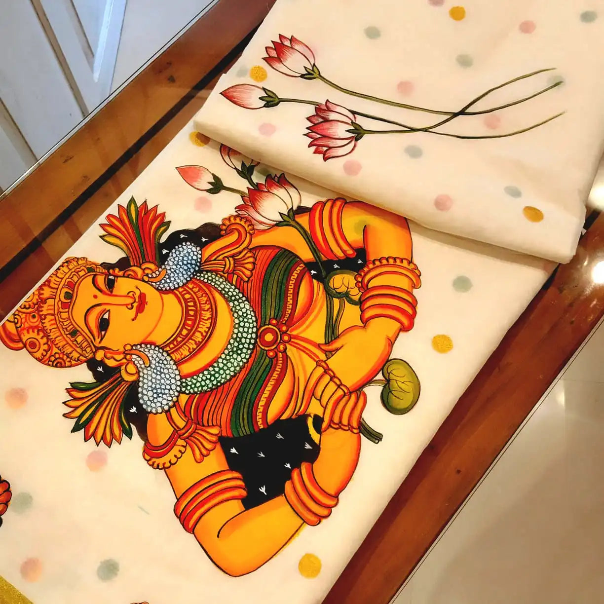 Elegant Kerala Mural Saree, Hand-Painted With Tradition
