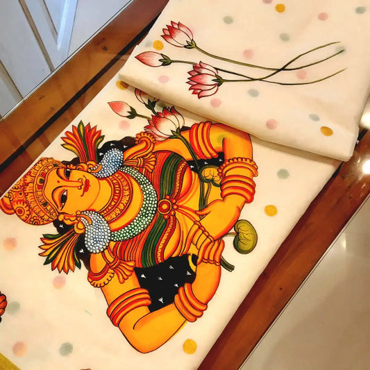 Elegant Kerala Mural Saree, Hand-Painted With Tradition