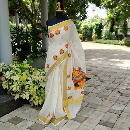 Elegant Kerala Mural Saree, Hand-Painted With Tradition