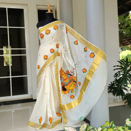 Elegant Kerala Mural Saree, Hand-Painted With Tradition
