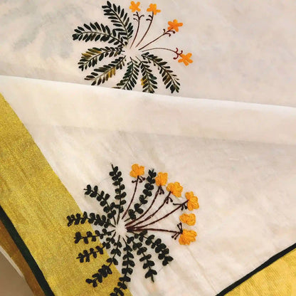 Hand-Painted/ Hand-Embroidered Kerala Saree Adorned With Delicate Wildflower Motifs