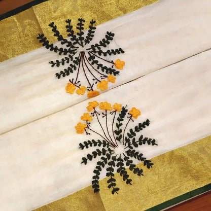 Hand-Painted/ Hand-Embroidered Kerala Saree Adorned With Delicate Wildflower Motifs