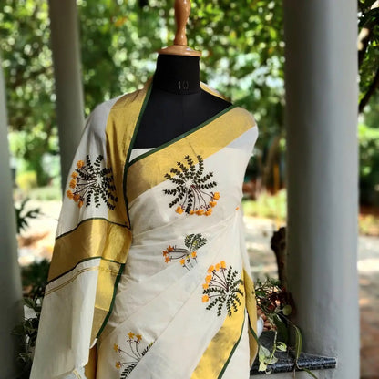Hand-Painted/ Hand-Embroidered Kerala Saree Adorned With Delicate Wildflower Motifs