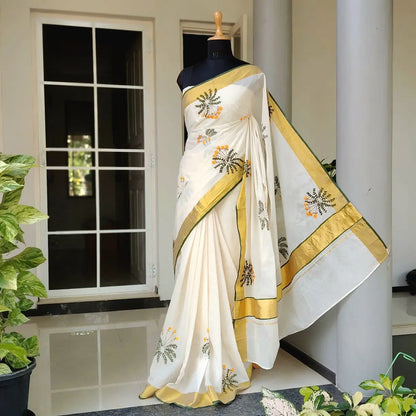 Hand-Painted/ Hand-Embroidered Kerala Saree Adorned With Delicate Wildflower Motifs