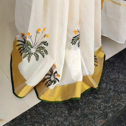 Hand-Painted/ Hand-Embroidered Kerala Saree Adorned With Delicate Wildflower Motifs