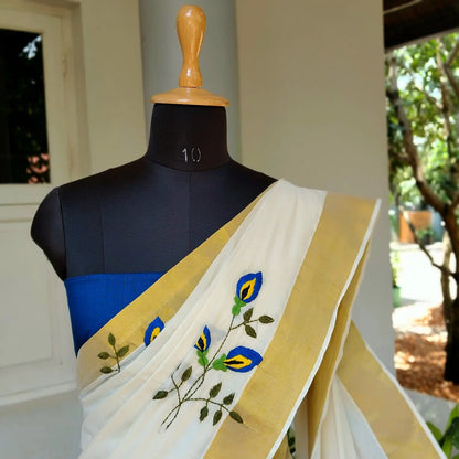 Kerala Set Mundu Adorned With Hand Embroidered Elegance