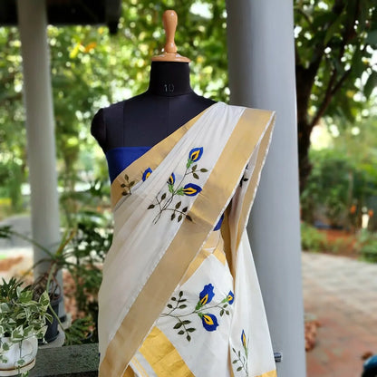 Kerala Set Mundu Adorned With Hand Embroidered Elegance