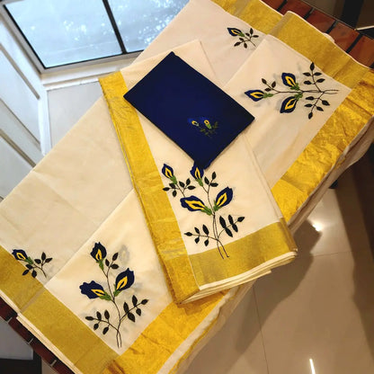 Kerala Set Mundu Adorned With Hand Embroidered Elegance
