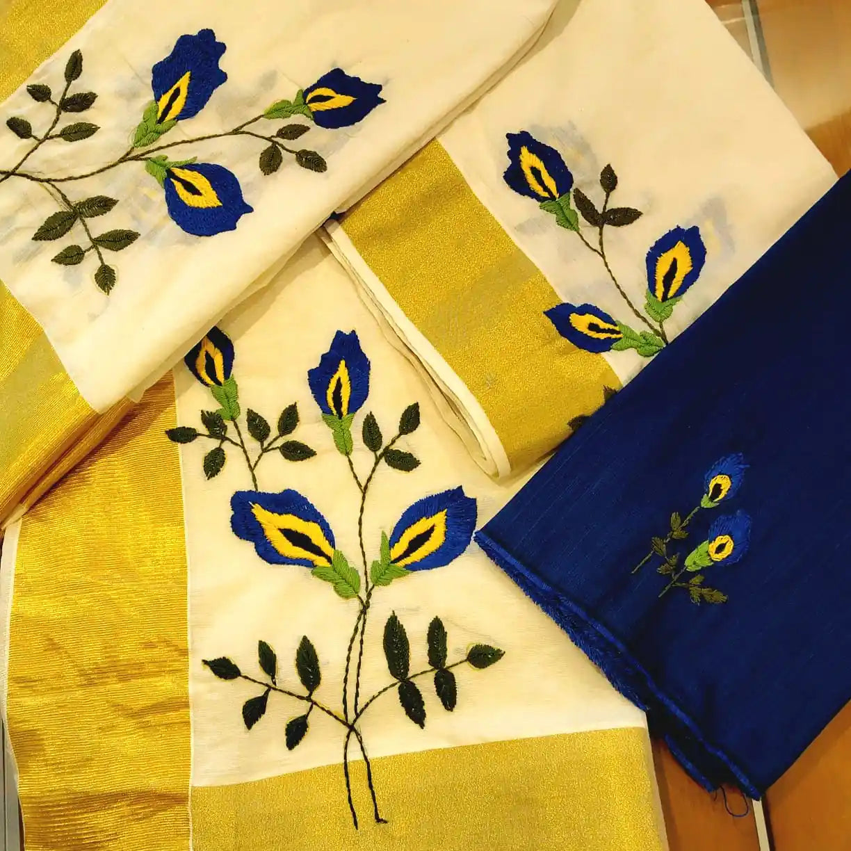 Kerala Set Mundu Adorned With Hand Embroidered Elegance