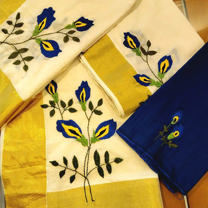 Kerala Set Mundu Adorned With Hand Embroidered Elegance