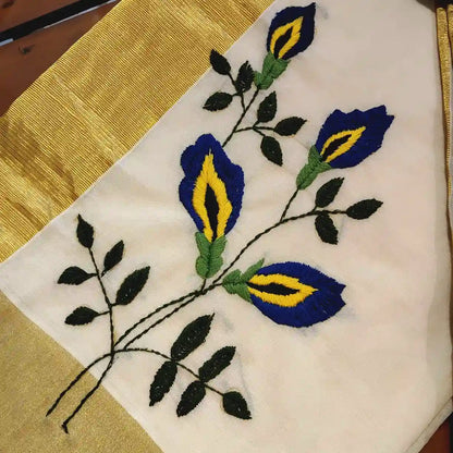 Kerala Set Mundu Adorned With Hand Embroidered Elegance