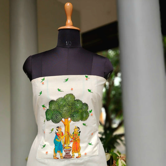 Hand-Painted Kerala Kasavu Cotton Kurti Fabric
