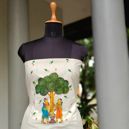 Hand-Painted Kerala Kasavu Cotton Kurti Fabric
