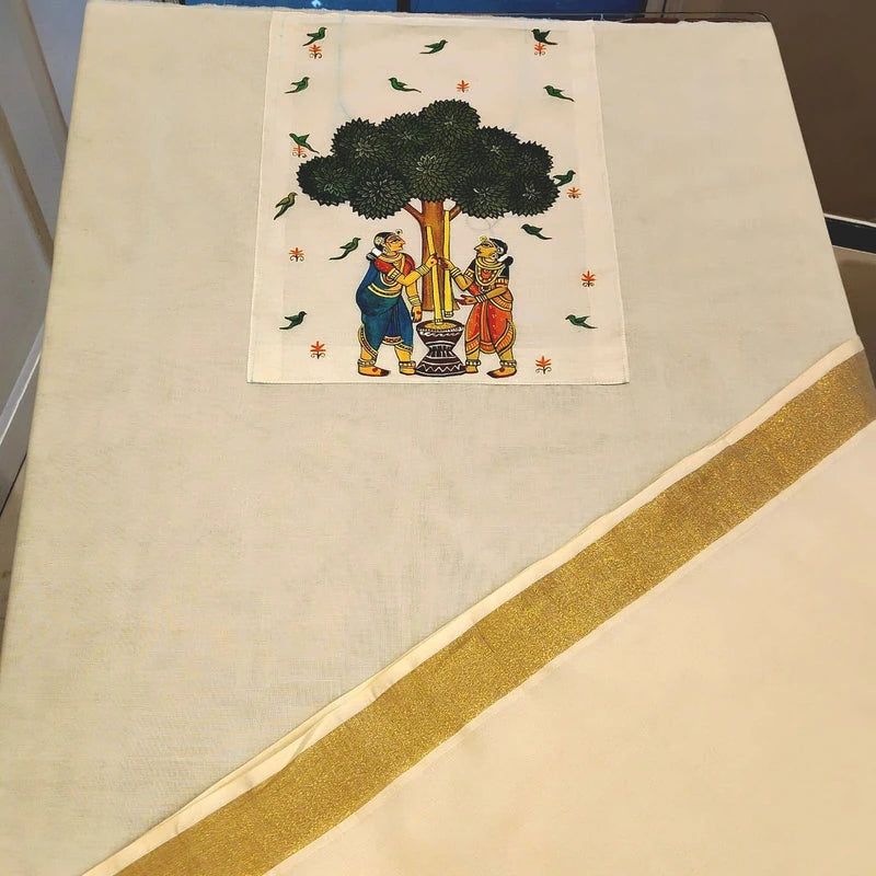 Hand-Painted Kerala Kasavu Cotton Kurti Fabric