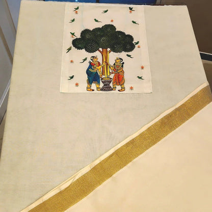 Hand-Painted Kerala Kasavu Cotton Kurti Fabric