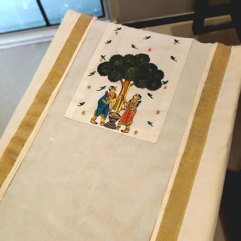 Hand-Painted Kerala Kasavu Cotton Kurti Fabric