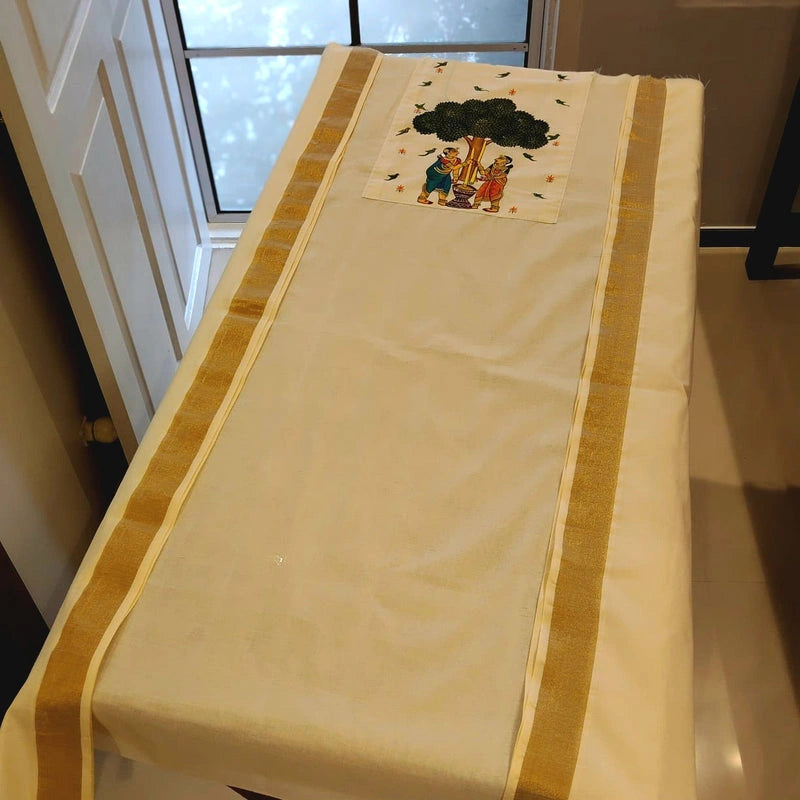 Hand-Painted Kerala Kasavu Cotton Kurti Fabric