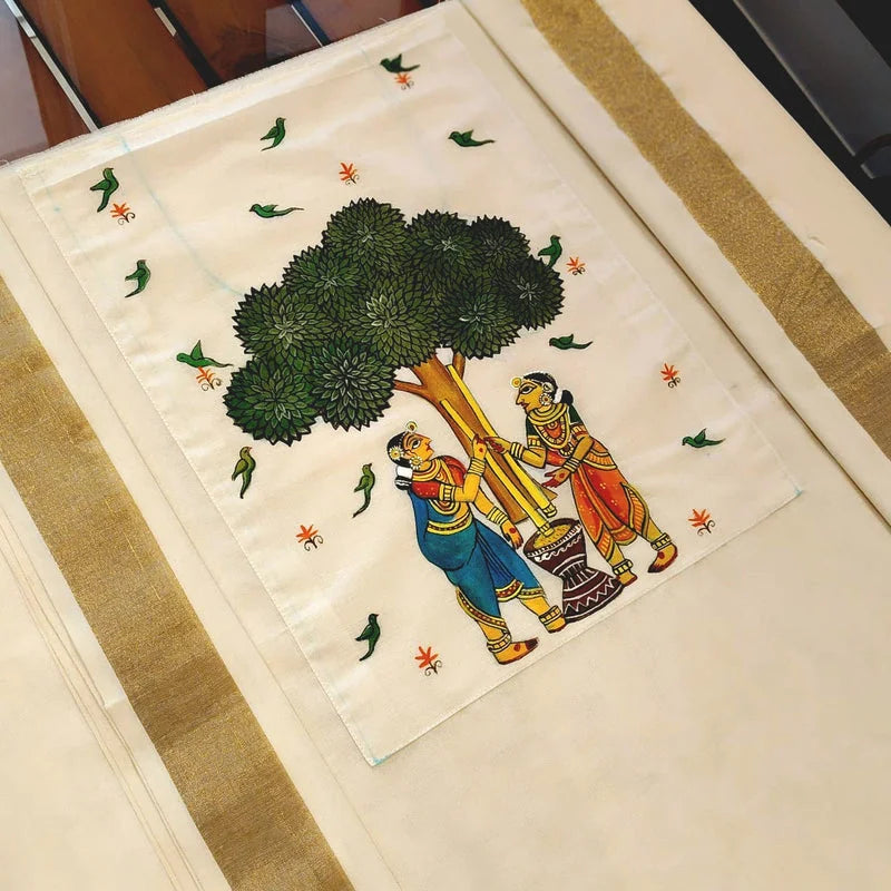 Hand-Painted Kerala Kasavu Cotton Kurti Fabric