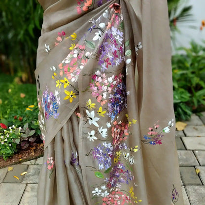 A Dreamy Pure Silk Organza Saree Adorned With Hand-Painted Wild Blooms