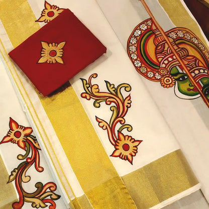 Traditional Hand-Painted Kerala Set Mundu - perfect for festivities or gifting!