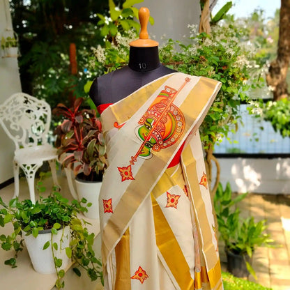 Traditional Hand-Painted Kerala Set Mundu - perfect for festivities or gifting!