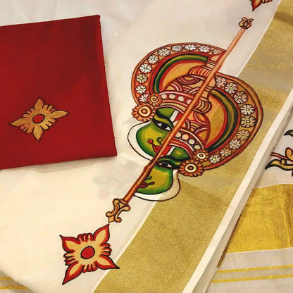 Traditional Hand-Painted Kerala Set Mundu - perfect for festivities or gifting!