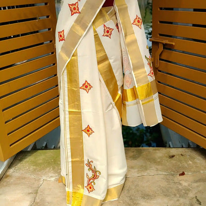 Traditional Hand-Painted Kerala Set Mundu - perfect for festivities or gifting!