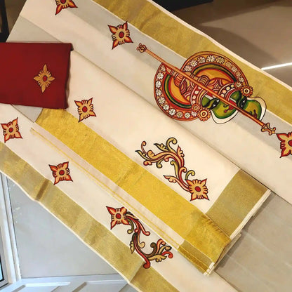 Traditional Hand-Painted Kerala Set Mundu - perfect for festivities or gifting!