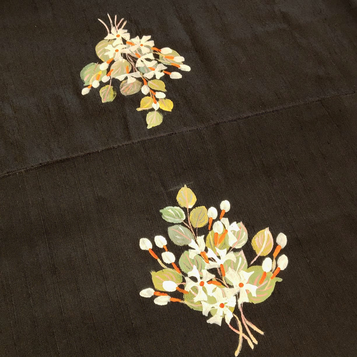 Black Raw Cotton Blouse Featuring Delicate Hand-Painted Florals