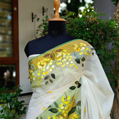 Kanikonna on Kasavu Saree – Hand-painted Elegance