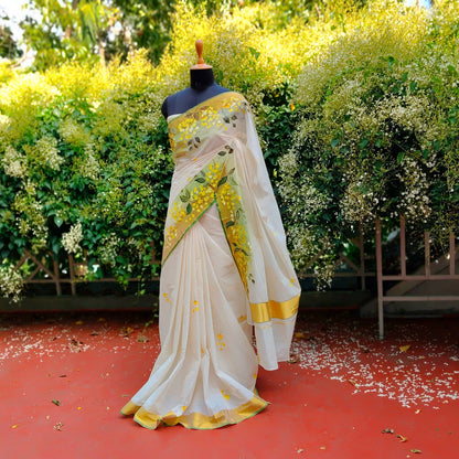 Kanikonna on Kasavu Saree – Hand-painted Elegance