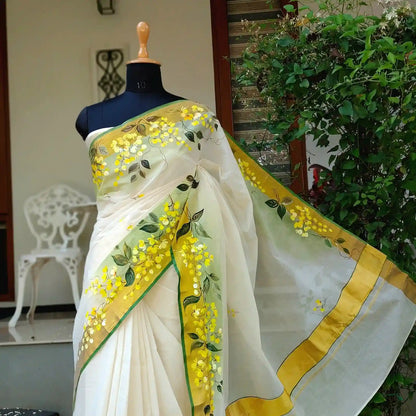 Kanikonna on Kasavu Saree – Hand-painted Elegance
