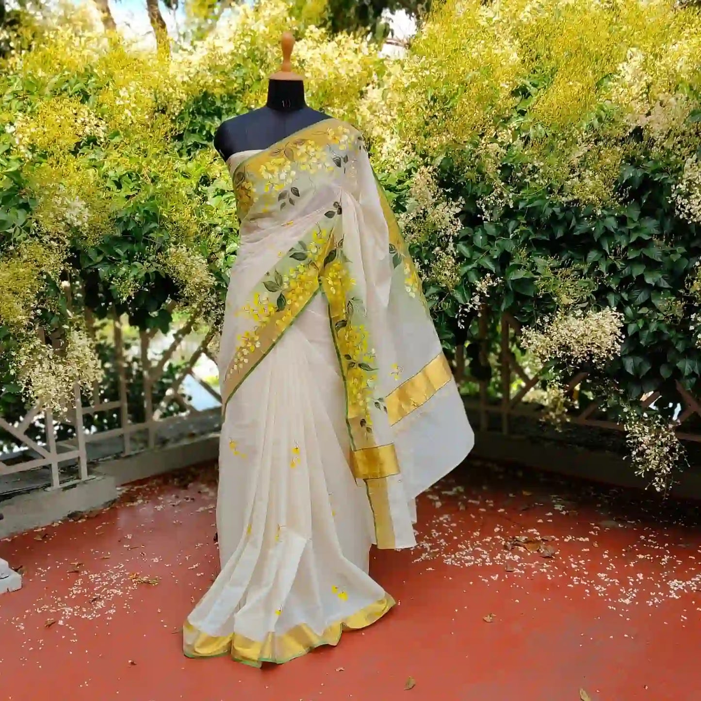 Kanikonna on Kasavu Saree – Hand-painted Elegance