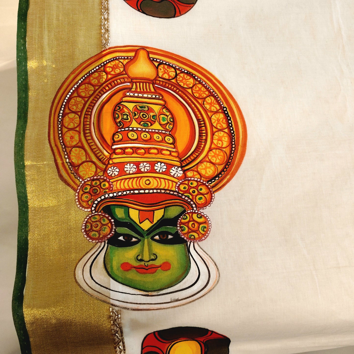 Traditional Kathakali Motif Hand-Painted on Kerala Saree