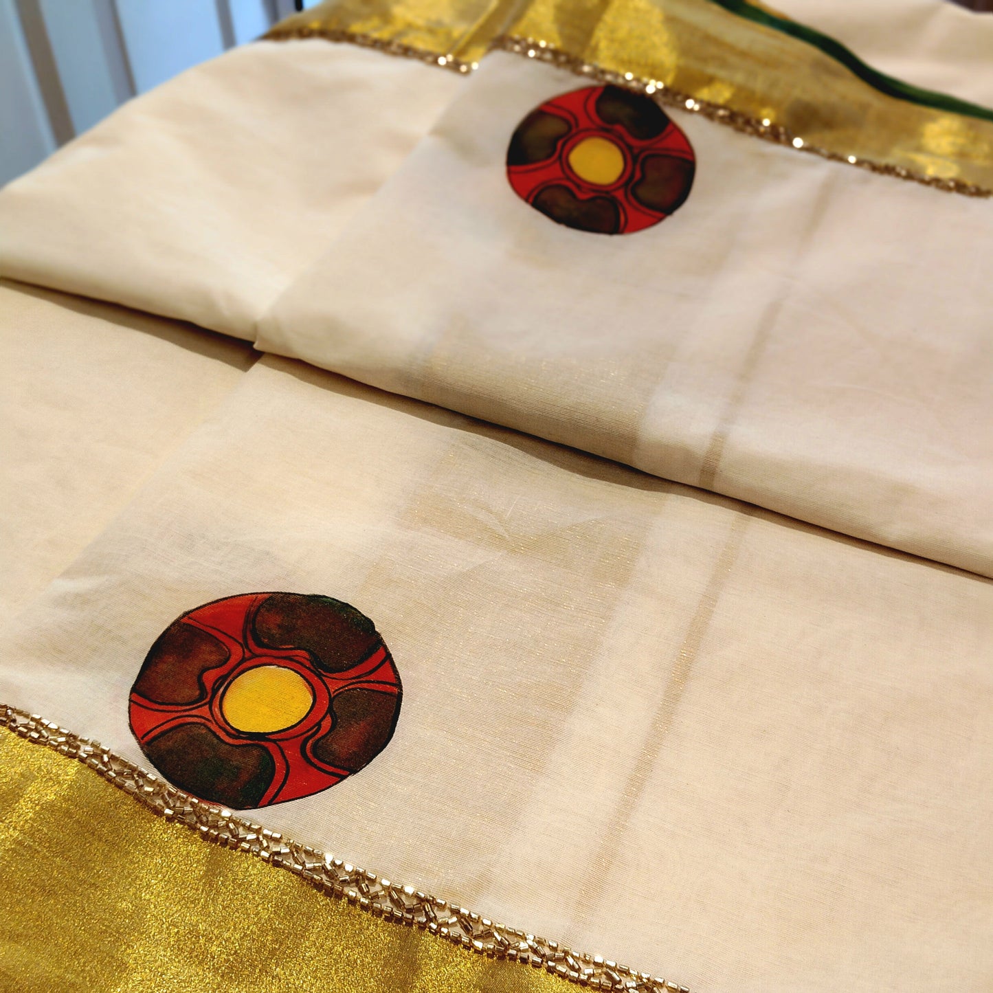 Traditional Kathakali Motif Hand-Painted on Kerala Saree