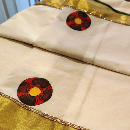 Traditional Kathakali Motif Hand-Painted on Kerala Saree