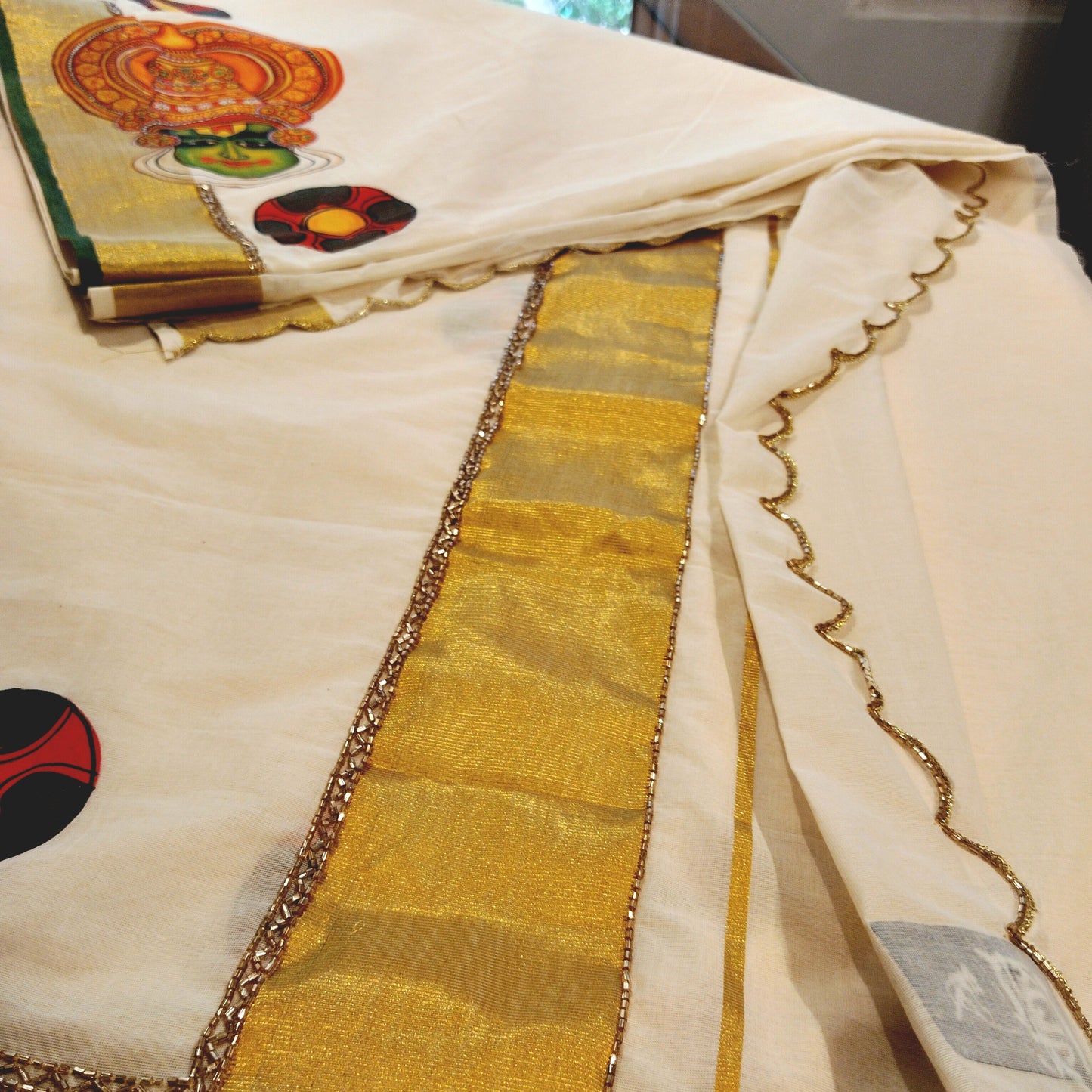 Traditional Kathakali Motif Hand-Painted on Kerala Saree